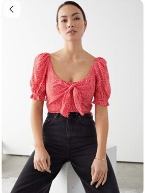 & Other Stories Coral Red Floral Tie-Front Puff Sleeve Top women’s size 4